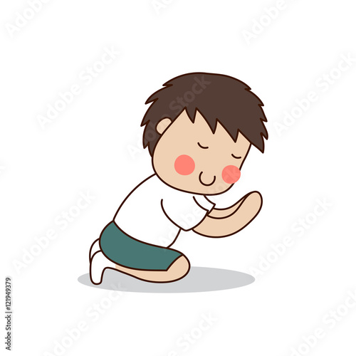 Buddhist boy sitting and paying respect to the Buddha vector illustration. Isolated on white background.