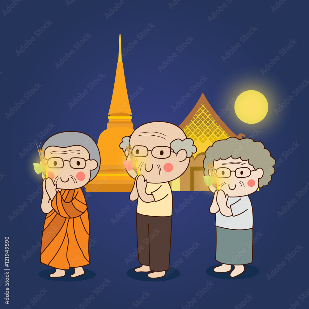 Buddhist walking with lighted candles in hand around a temple to pay respect to the Triple Refuges (Buddha, Dhamma, Sangha) vector illustration.