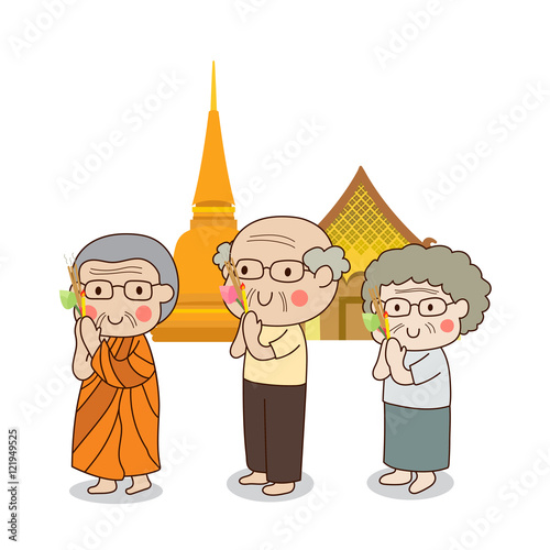 Buddhist walking with lighted candles in hand around a temple to pay respect to the Triple Refuges (Buddha, Dhamma, Sangha) vector illustration. Isolated on white background.