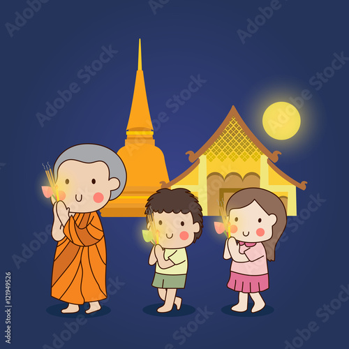 Buddhist walking with lighted candles in hand around a temple to pay respect to the Triple Refuges (Buddha, Dhamma, Sangha) vector illustration.
