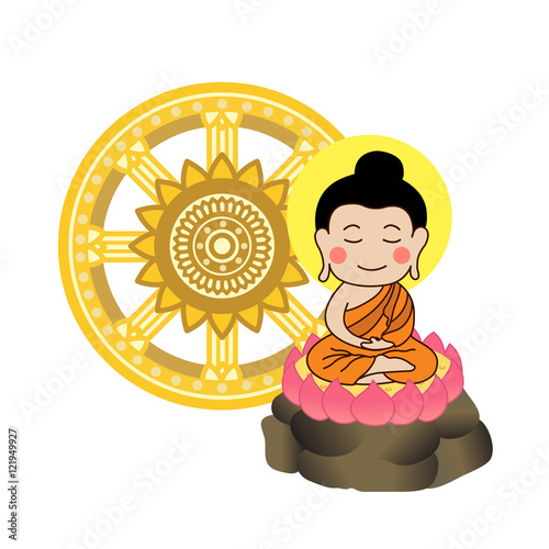 Lord Buddha meditating in front of dhamma wheel vector illustration. Asalha Puja Day .