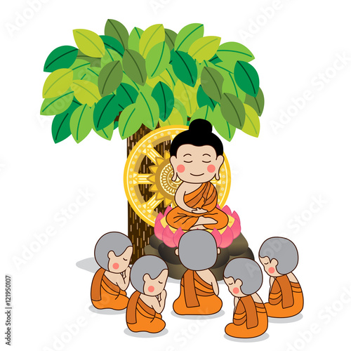 Lord Buddha's first sermon surrounded by the first five disciples of the Buddha vector illustration.