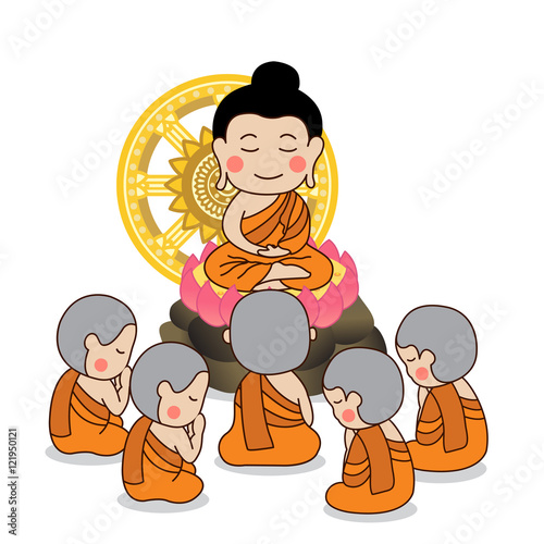 Lord Buddha's first sermon surrounded by the first five disciples of the Buddha vector illustration.
