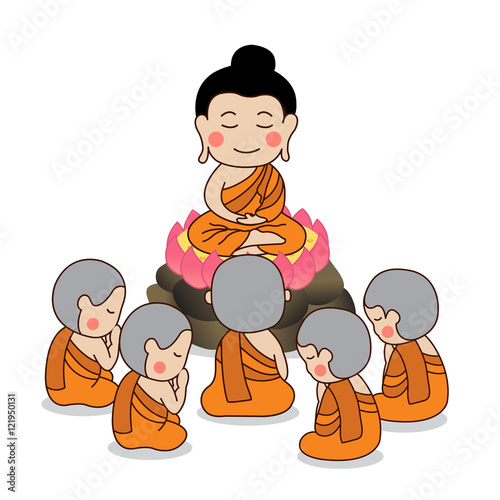 Lord Buddha's first sermon surrounded by the first five disciples of the Buddha vector illustration.