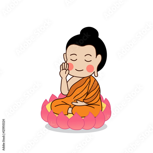 Buddha sitting on lotus with the right hand raising vector illustration. Isolated on white background.