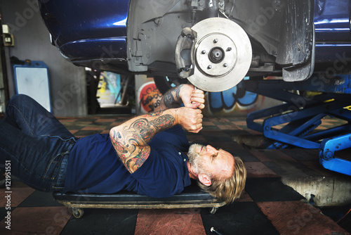 Garage Motor Maintenance Mechanic Fixing Spare Concept photo