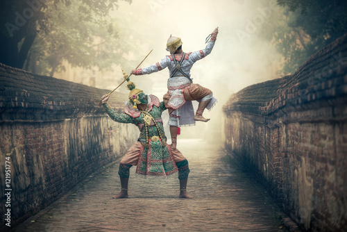 Canvas Print Khon is traditional dance drama art of Thai classical masked, this performance i
