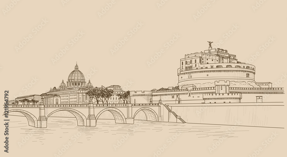 Rome cityscape with St. Peter's Basilica and Castle Saint Angel.