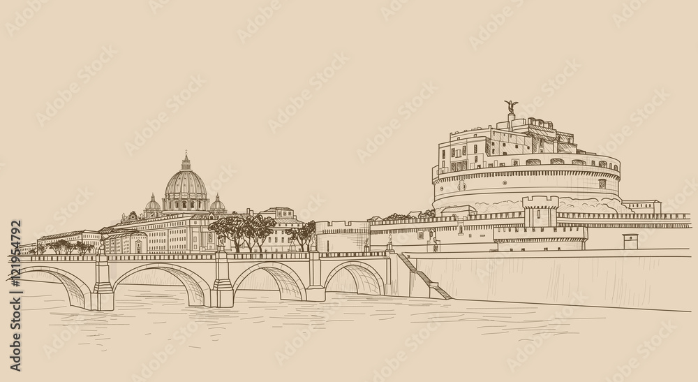 Fototapeta premium Rome cityscape with St. Peter's Basilica and Castle Saint Angel.