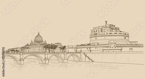 Photography Rome cityscape with St. Peter's Basilica and Castle Saint Angel.