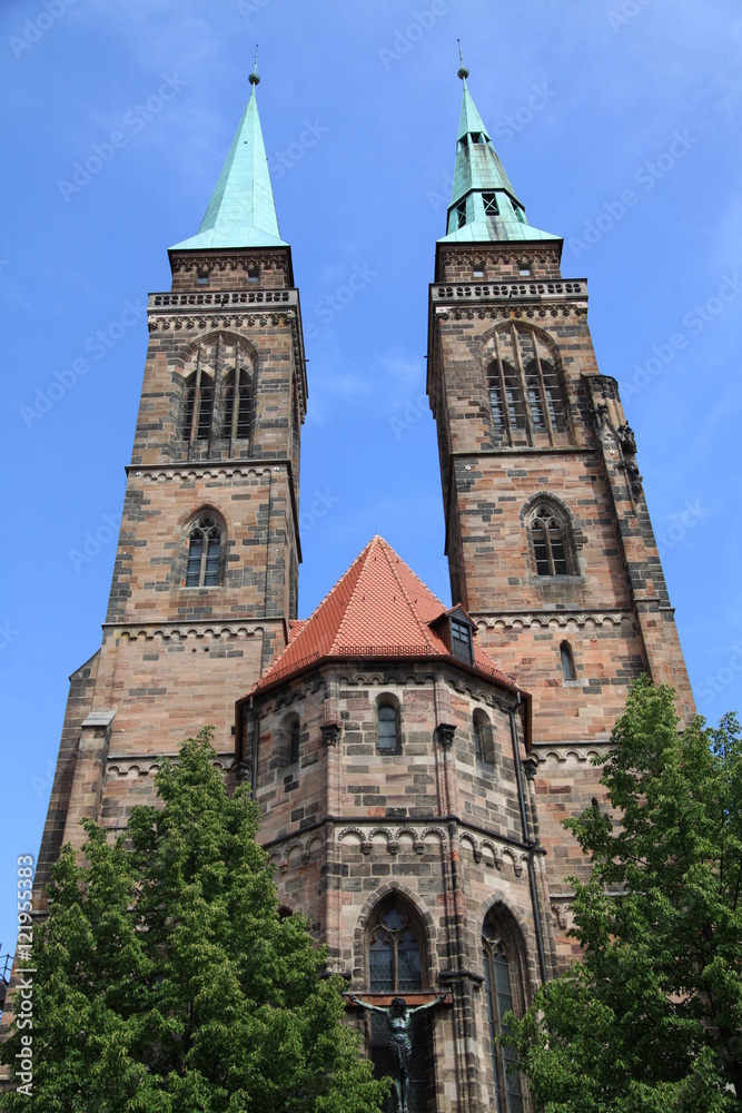 Twin towers of Saint Sebaldus church in Nuremberg, Germany