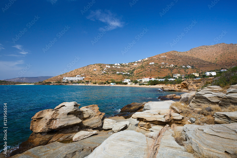 Coast near Batsi village on Andros island in Greece.