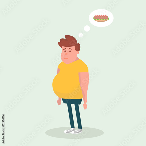Fat man thinks about hot dog. Vector Illustration