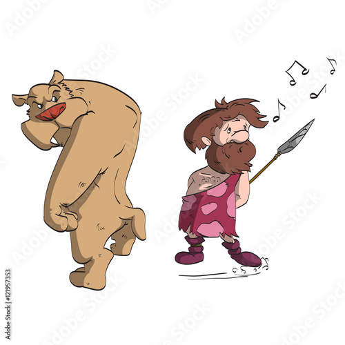 Caveman hunting a sabertooth tiger.