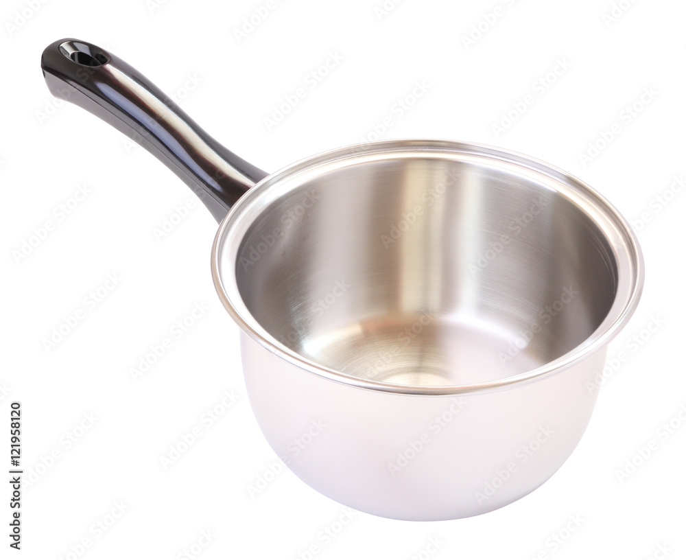 Wide black handle round stainless pot on white background. Wide black handle round stainless pot on white background.