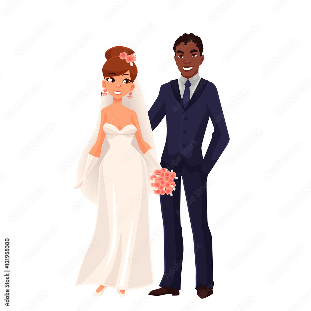 Caucasian bride and African groom, just married couple, cartoon vector  illustration isolated on white background. White bride and black groom,  mixed couple, wedding ceremony Stock Vector | Adobe Stock