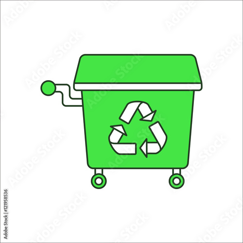 Big trash can with Recycle symbol on wheels sign flat icon on background