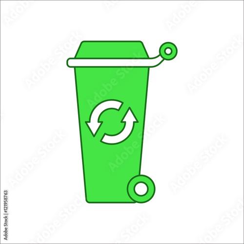 Big trash can with Recycle symbol on wheels sign flat icon on background