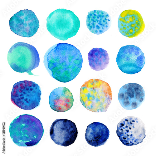 Watercolor hand painted circle shape design elements. Hand drawn bluw and turquoise watercolor circles isolated on white background