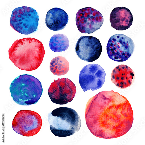 Watercolor hand painted circle shape design elements. Hand drawn dark blue and red watercolor circles isolated on white background