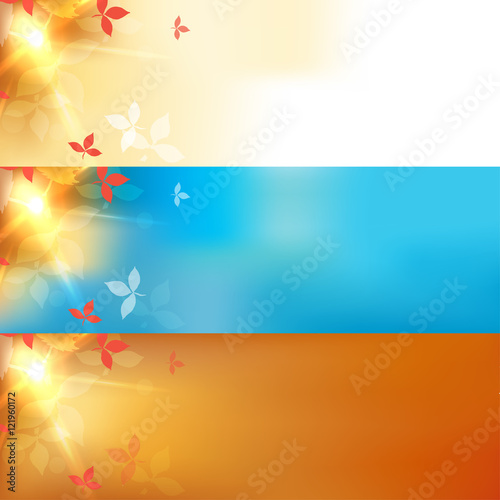 Set of autumn blurred blue abstract banners with bokeh effect, red leaves. Vector illustration