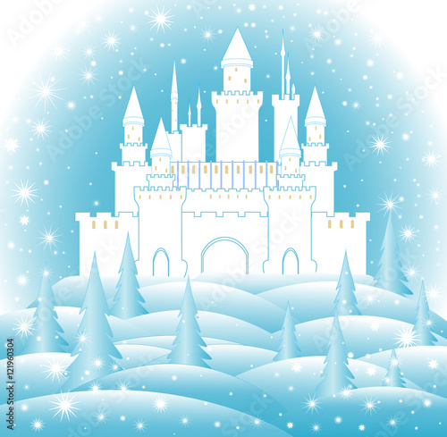 Enchanted castle in frozen forest. Happy New Year and Merry Christmas vector illustration