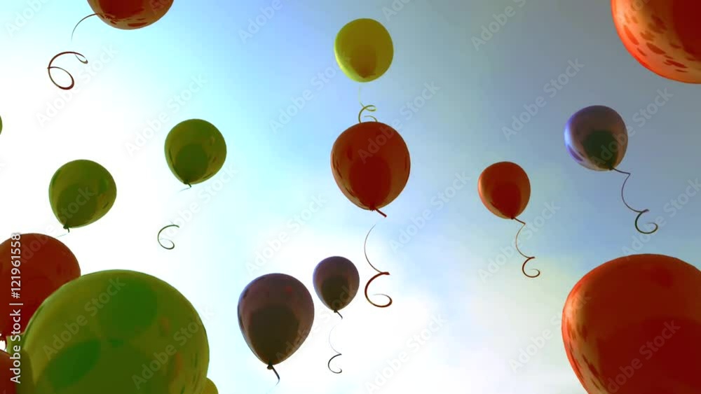 Globos de colores subiendo hacia el cielo azul.Fiesta divertida y celebracion de cumpleaños en exterior.Estilo vintage