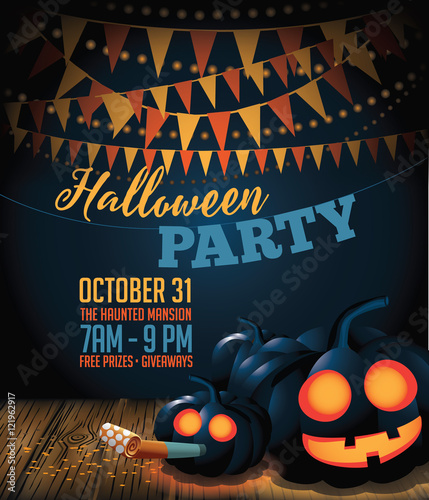 Halloween party background with pumpkins, bunting, copy space and confetti. EPS 10 vector