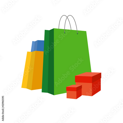 Set of simple bright paper shopping bags and present boxes
