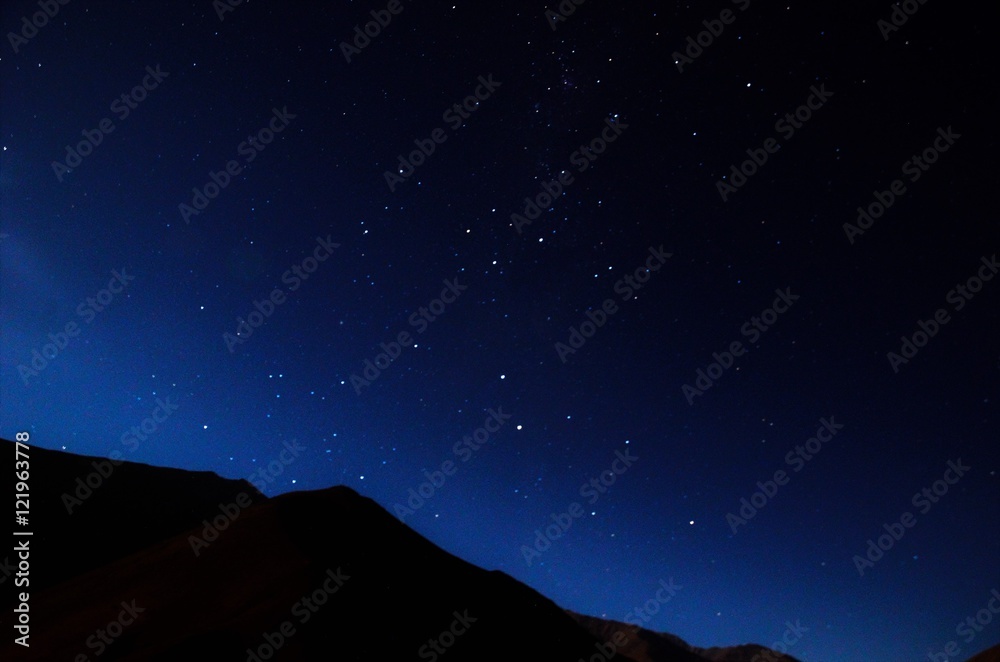 Stargazing in Elqui Valley with hundreds of stars in the sky between black hills in Chile, South America