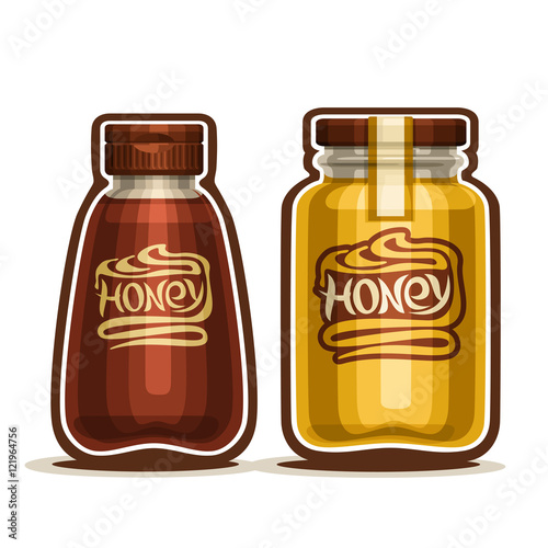 Vector logo wild flower chamomile yellow Honey in glass Jar with label, pot sweet dark buckwheat raw honey nectar with plastic cap, bottle liquid dessert for breakfast isolated on white background.