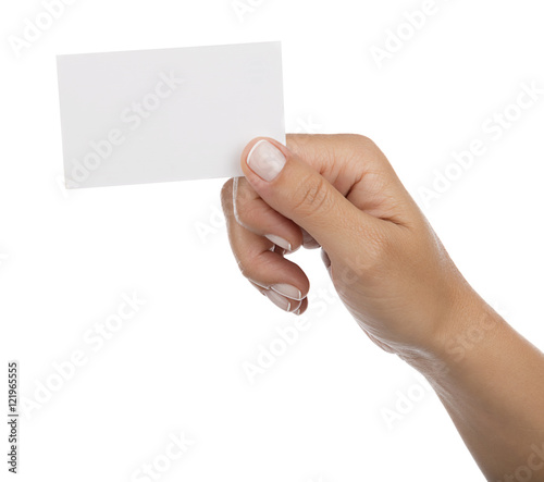 Adult woman hand holding blank card isolated on white background.    