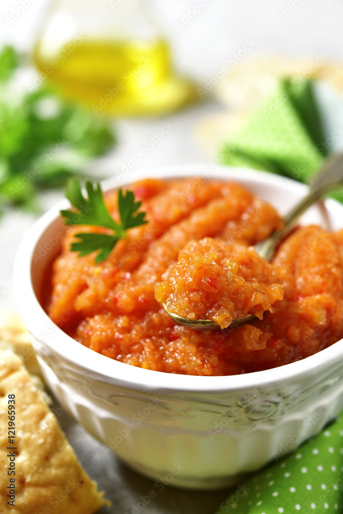 Vegetable caviar in a white bowl. Vegetable caviar in a white bowl.