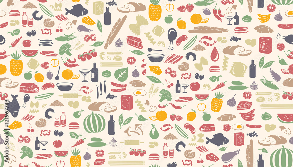 Fototapeta Jednolite wzór żywności wykonane z małych ilustracji.