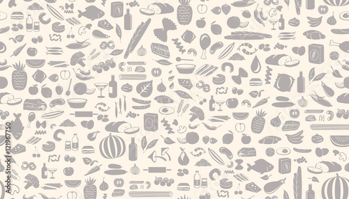 Seamless food pattern made from small illustrations with food lettering in rounded label.