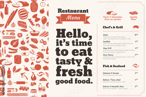 Restaurant Menu brochure. Bill of fare design template with food illustrations and nice typography.