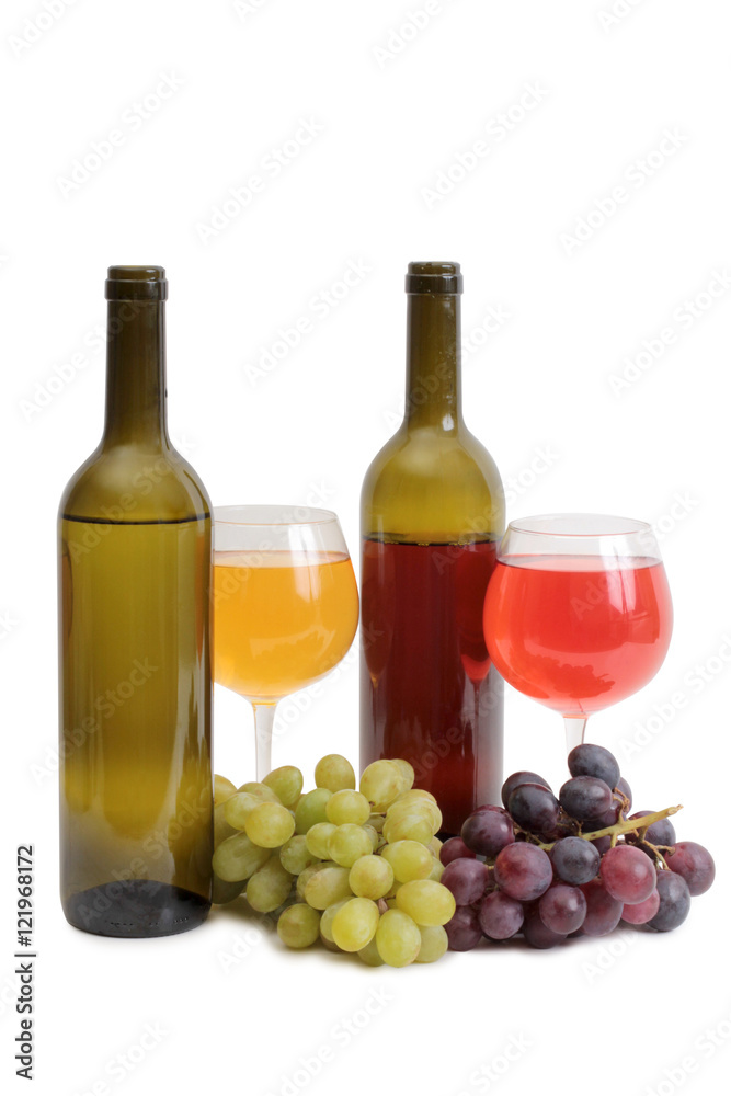 Bottle glass of wine and grapes on white background