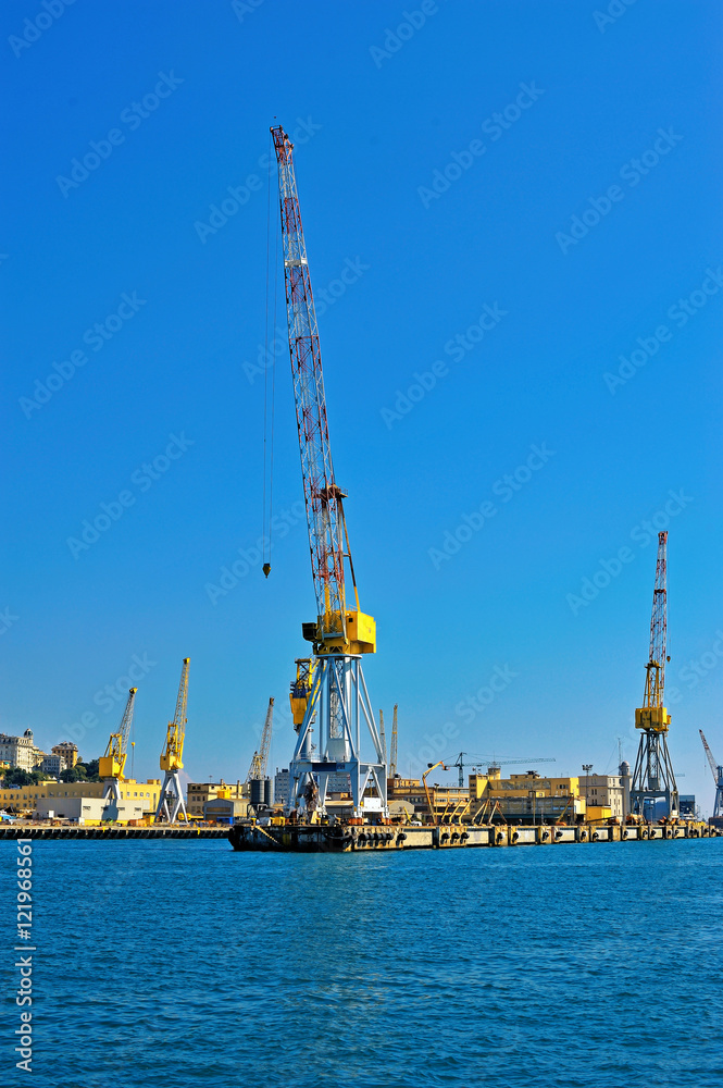 Cargo cranes in Genova sea industrial port, Italy