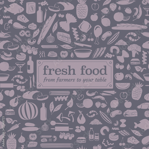 Seamless food pattern made from small vegetable, fruits and cooking accessories illustrations with fresh food lettering on rounded label.