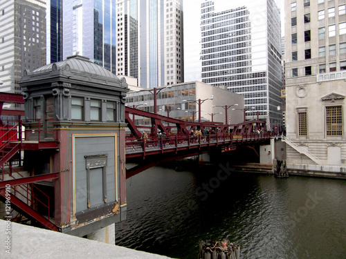 Chicago bridge/Red bridge over the river located in Chicago Illinois. 