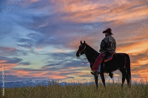 Cowboy on horseback silhouette,photo art