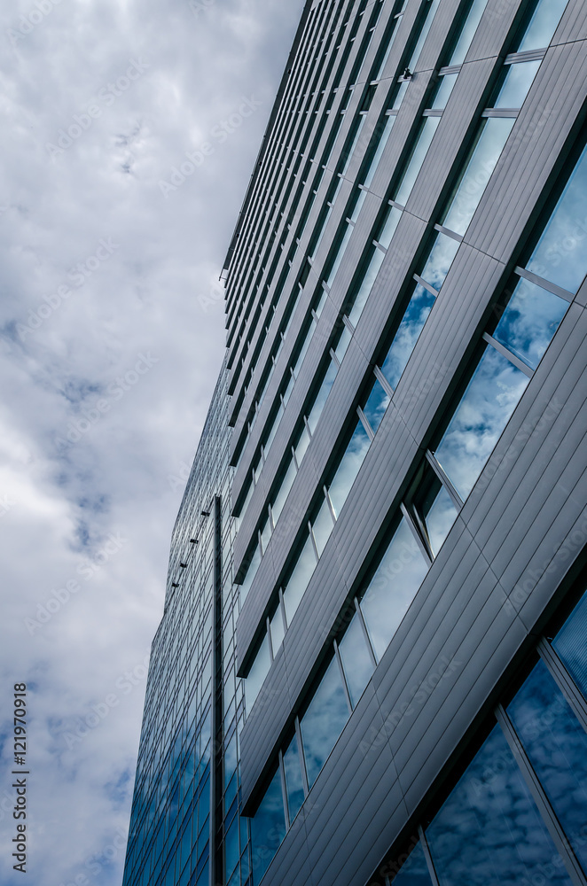underside panoramic and perspective view to steel blue glass high rise building skyscrapers, industrial architecture underside panoramic and perspective view to steel blue glass high rise building skyscrapers, industrial architecture