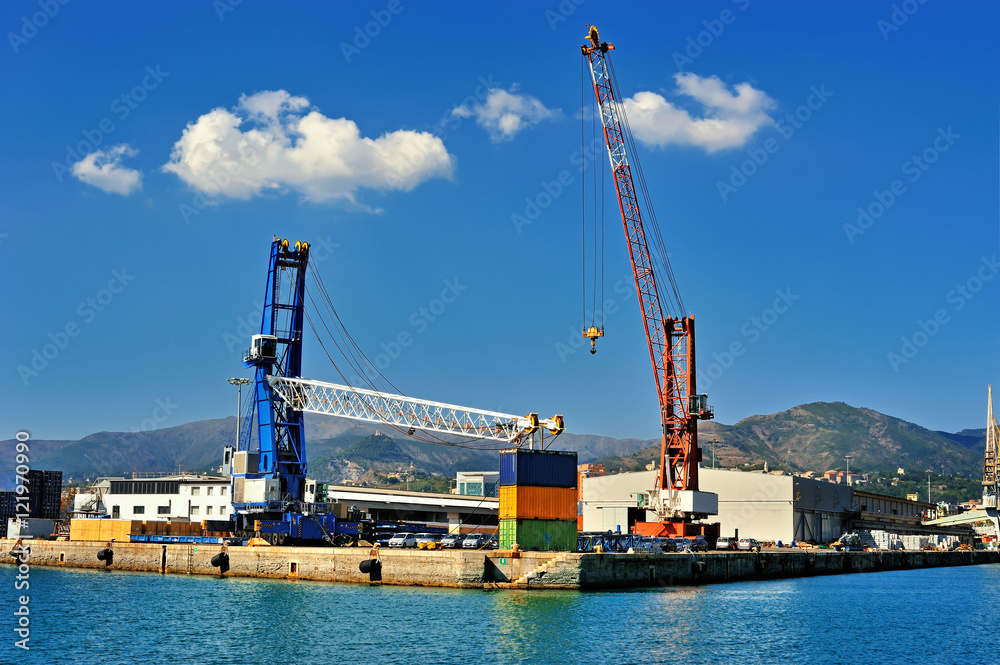 Obraz premium container terminal cranes and forklifts in sea port