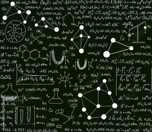 Chemical vector seamless pattern with formulas, schemes and equations. Scientific endless texture. You can use any color of background