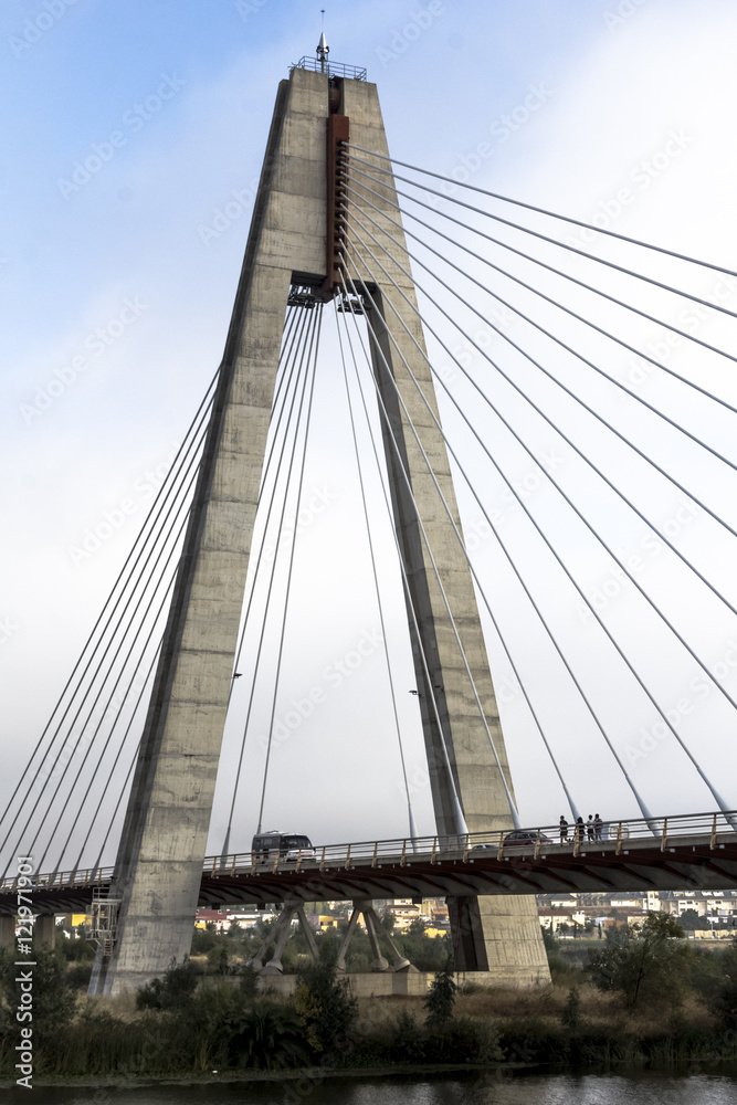 Fototapeta premium Gente cruzando el gran puente de la ciudad por la mañana para acudir a trabajar.