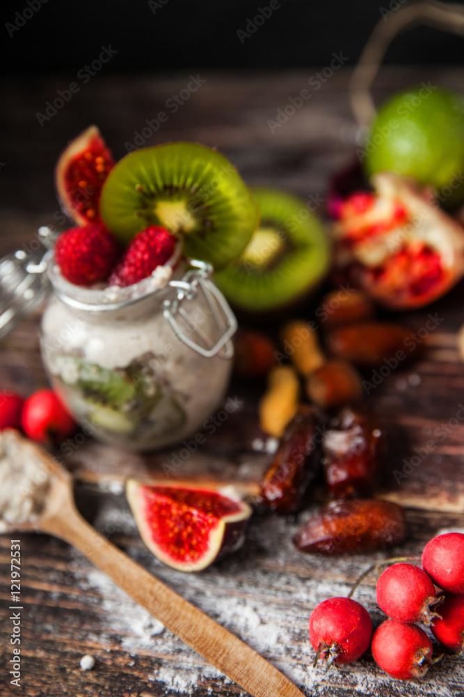 Well being and weight loss concept, berry smoothie and cereal