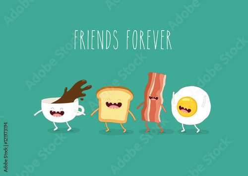 Funny breakfast. Сup of coffee, egg, bacon, toaster. Vector illustrations.