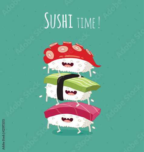 Sushi time poster.  Funny sushi on a black plate. Vector illustration.