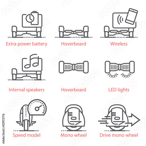 Vector line icons set with gyro scooters and, mono wheels ans hoverboards. For infographics, UX UI kit, web design mobile prototypes and more