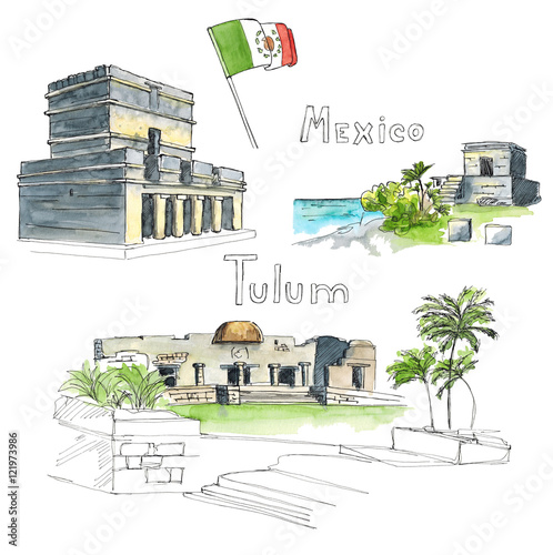 Watercolor Hand drawn architecture sketch illustration of Tulum Mexico landmarks set with country flag and lettring isolated on white